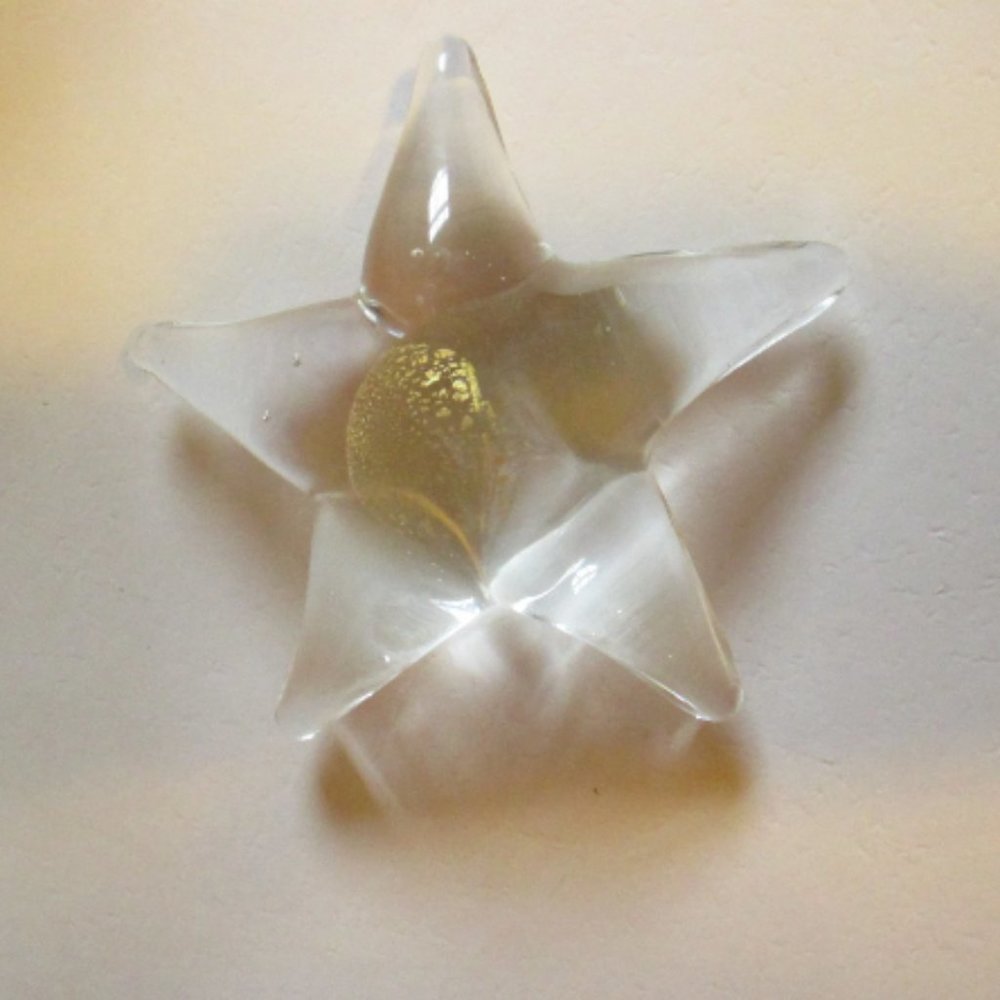Heavy Glass Star Paperweight Starfish or Lily with Gold Center